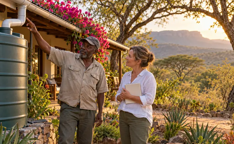 A bookkeeper with a clipboard talking to a farmer outside his house